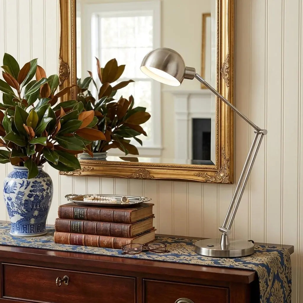 18" Nickel Metal Adjustable Swing Arm LED Desk Lamp With USB Homeroots Lighting