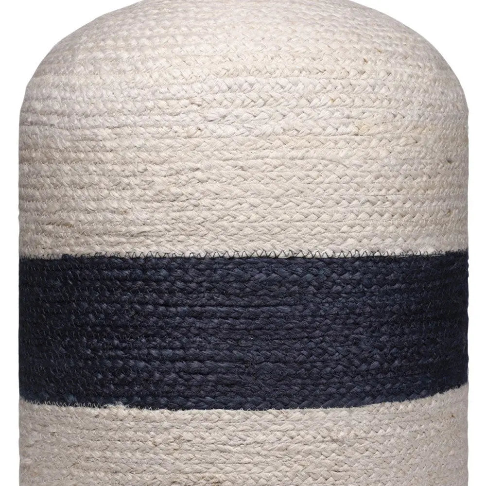 18" Off White and Navy Blue Jute Blend Striped Cylinder Pouf Ottoman Homeroots Living Room