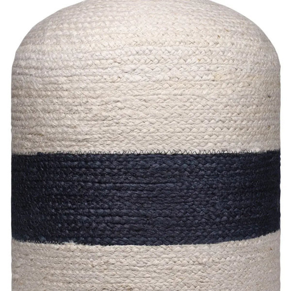 18" Off White and Navy Blue Jute Blend Striped Cylinder Pouf Ottoman Homeroots Living Room
