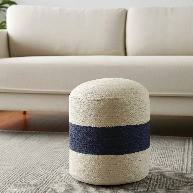 18" Off White and Navy Blue Jute Blend Striped Cylinder Pouf Ottoman Homeroots Living Room