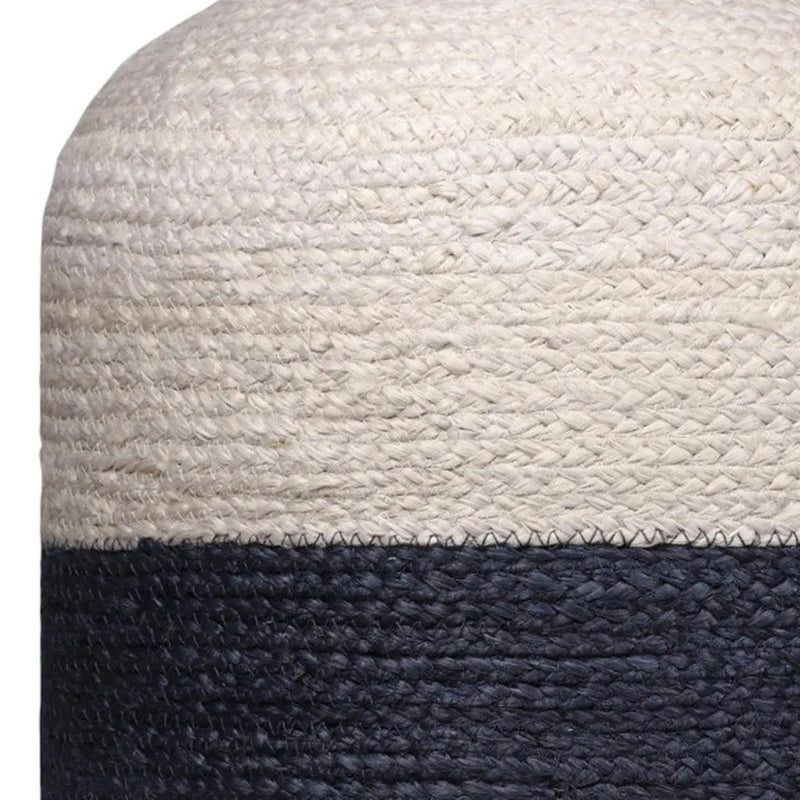 18" Off White and Navy Blue Jute Blend Striped Cylinder Pouf Ottoman Homeroots Living Room