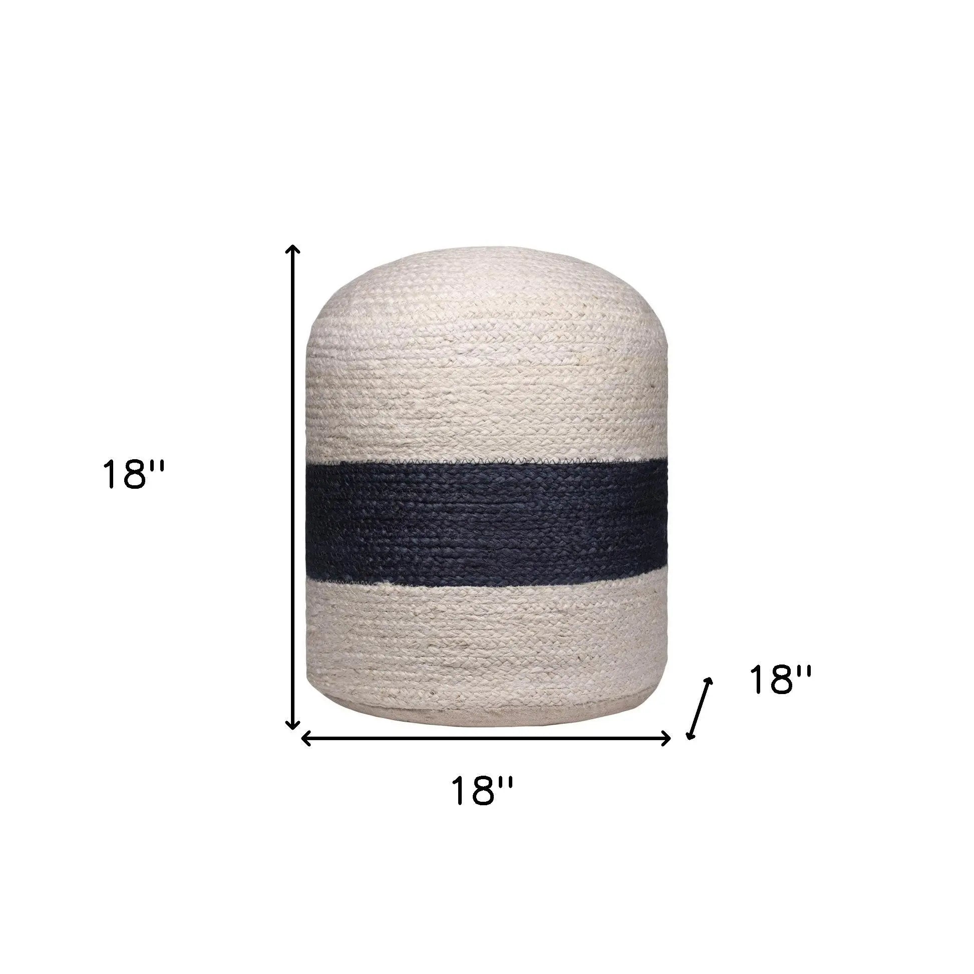 18" Off White and Navy Blue Jute Blend Striped Cylinder Pouf Ottoman Homeroots Living Room