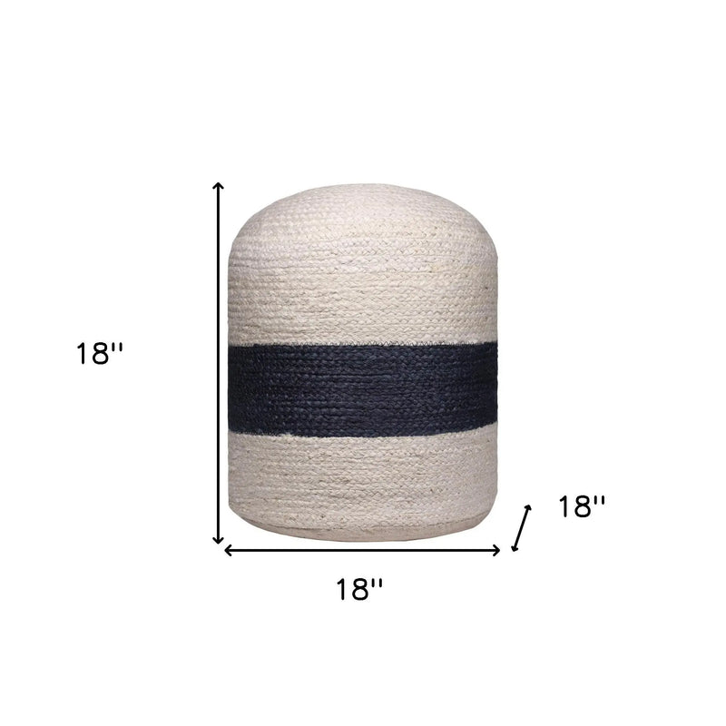 18" Off White and Navy Blue Jute Blend Striped Cylinder Pouf Ottoman Homeroots Living Room