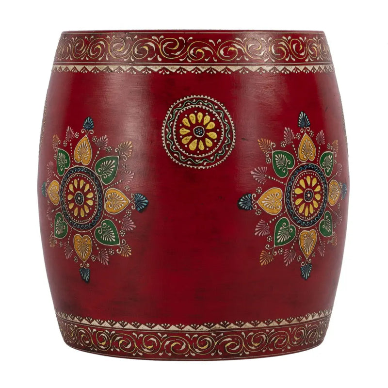 18" Red Iron Hand Painted Floral Round Drum End Table - GreatEagleInc