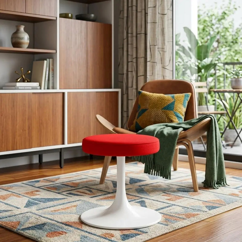 18" Red Rose and White Faux Leather Geometric Round Footstool Homeroots Living Room