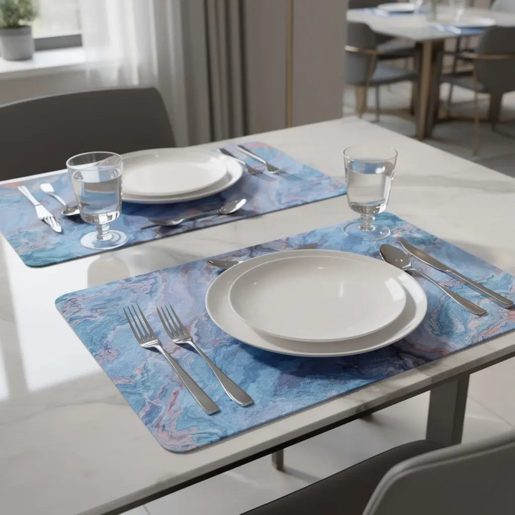 18" Set of Two Blue Abstract Faux Marble Cork Placemats Homeroots Kitchen & Dining