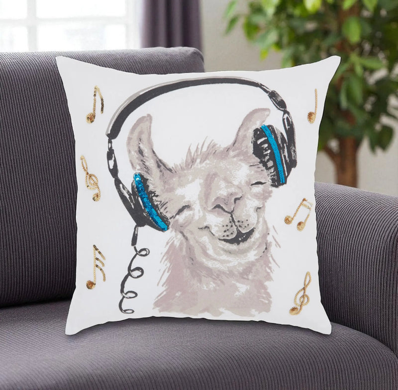 18" Teal and White Llama Cotton Throw Pillow Homeroots Home Decor