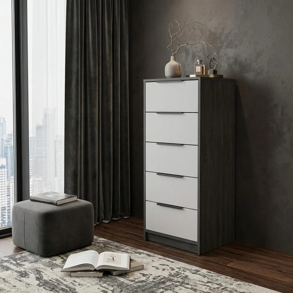 18" White And Gray Wood Five Drawer Dresser Homeroots Bed & Bath