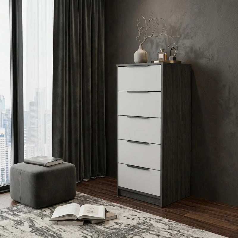 18" White And Gray Wood Five Drawer Dresser Homeroots Bed & Bath