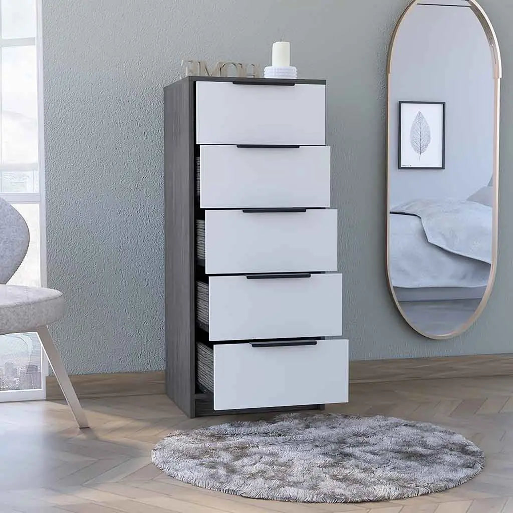 18" White And Gray Wood Five Drawer Dresser Homeroots Bed & Bath