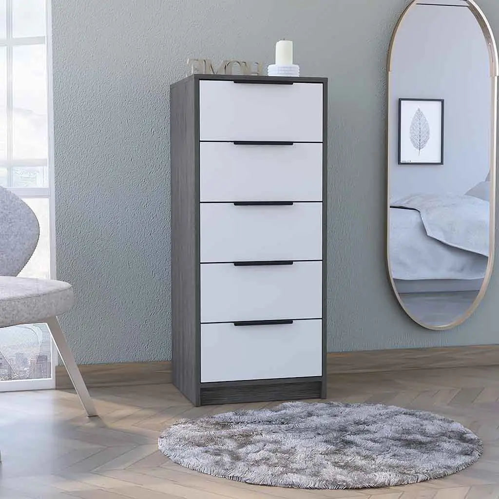 18" White And Gray Wood Five Drawer Dresser Homeroots Bed & Bath