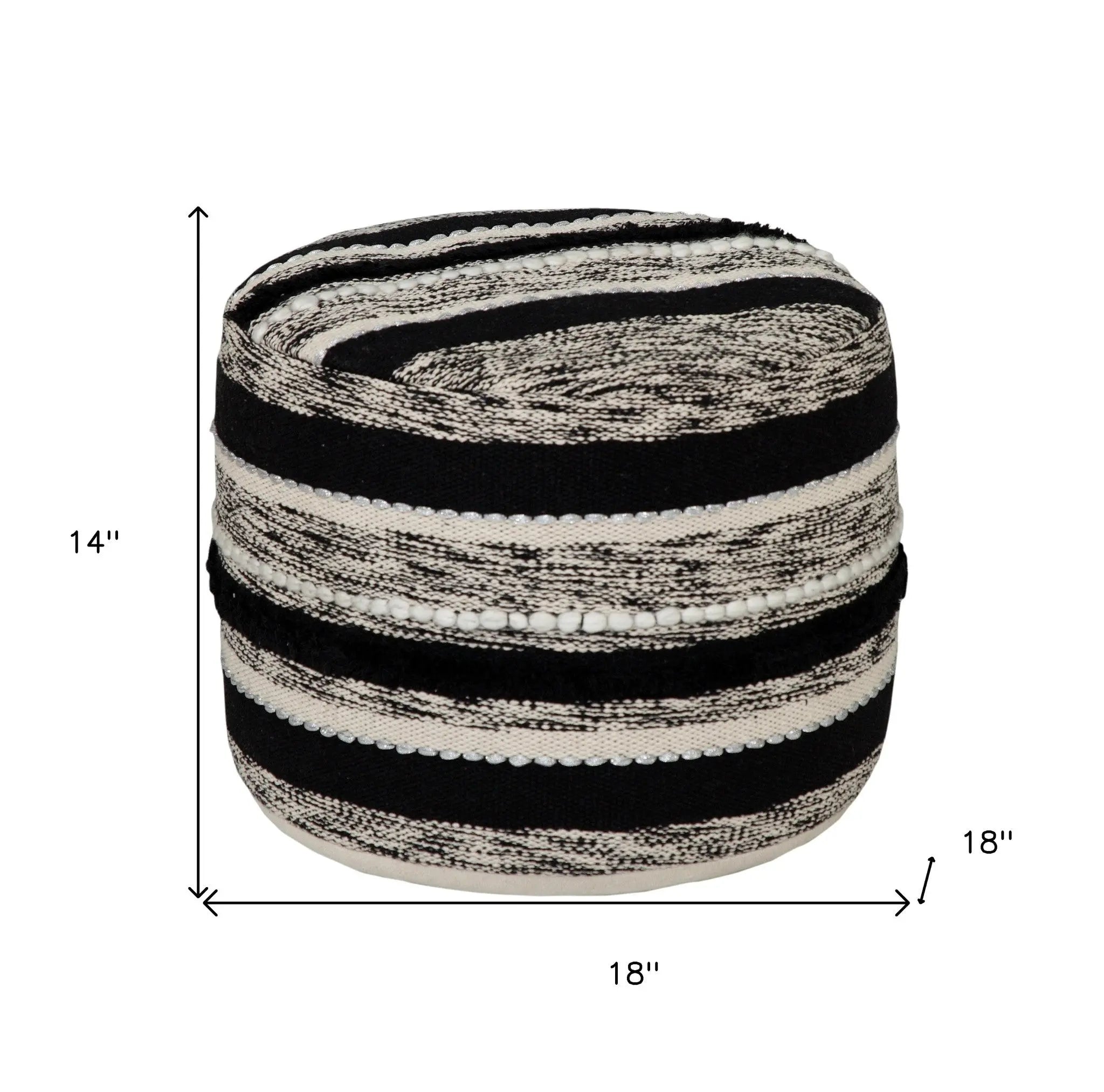 18" White Cotton Cylinder Striped Pouf Ottoman Homeroots Living Room