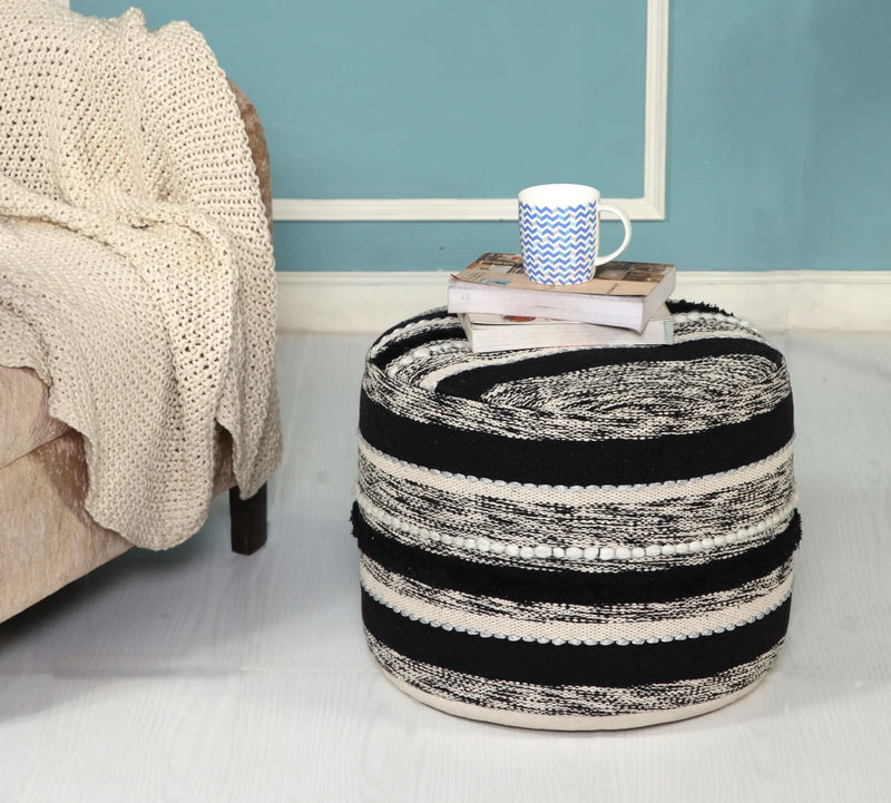 18" White Cotton Cylinder Striped Pouf Ottoman Homeroots Living Room