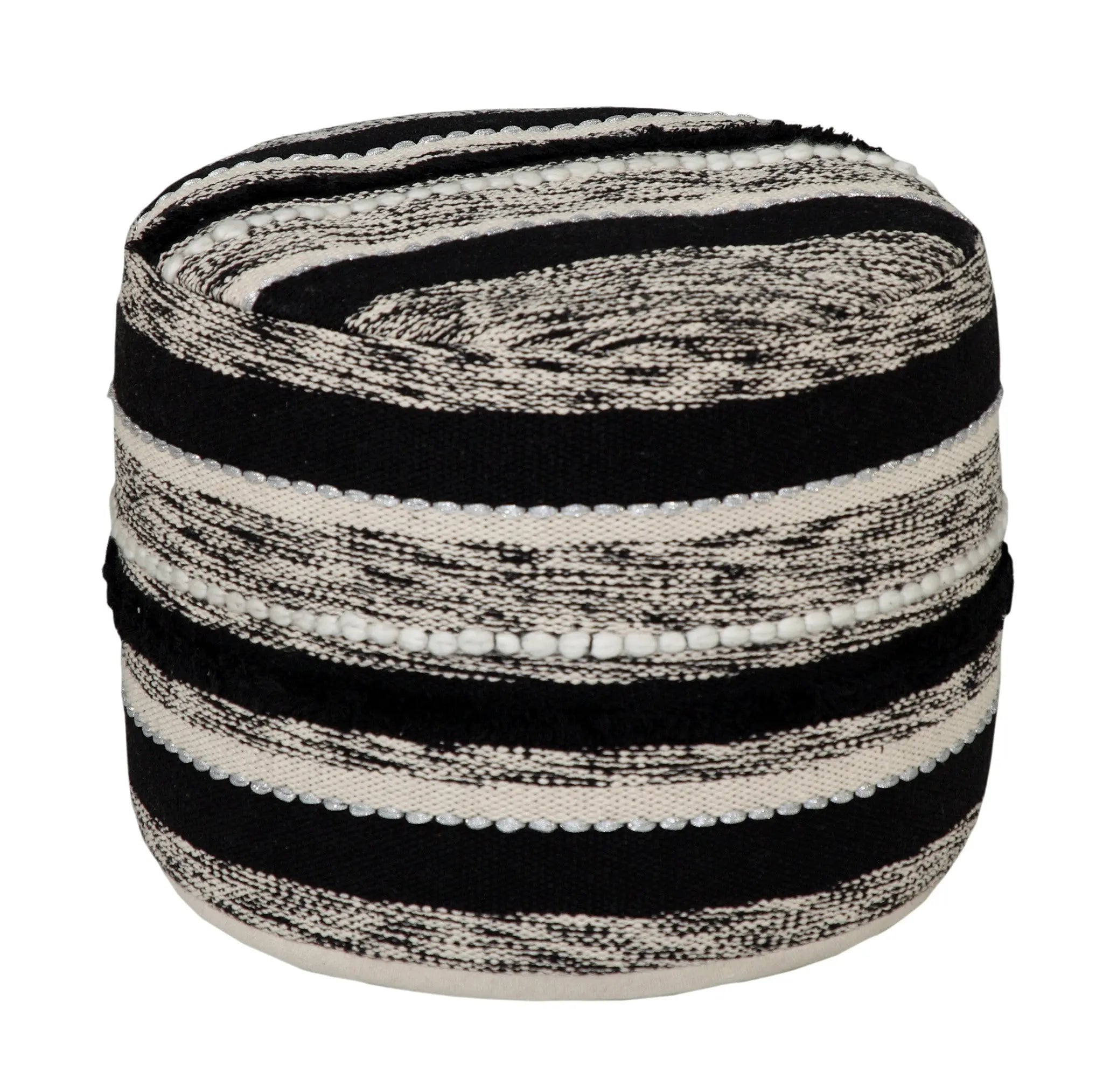18" White Cotton Cylinder Striped Pouf Ottoman Homeroots Living Room