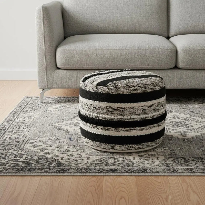 18" White Cotton Cylinder Striped Pouf Ottoman Homeroots Living Room