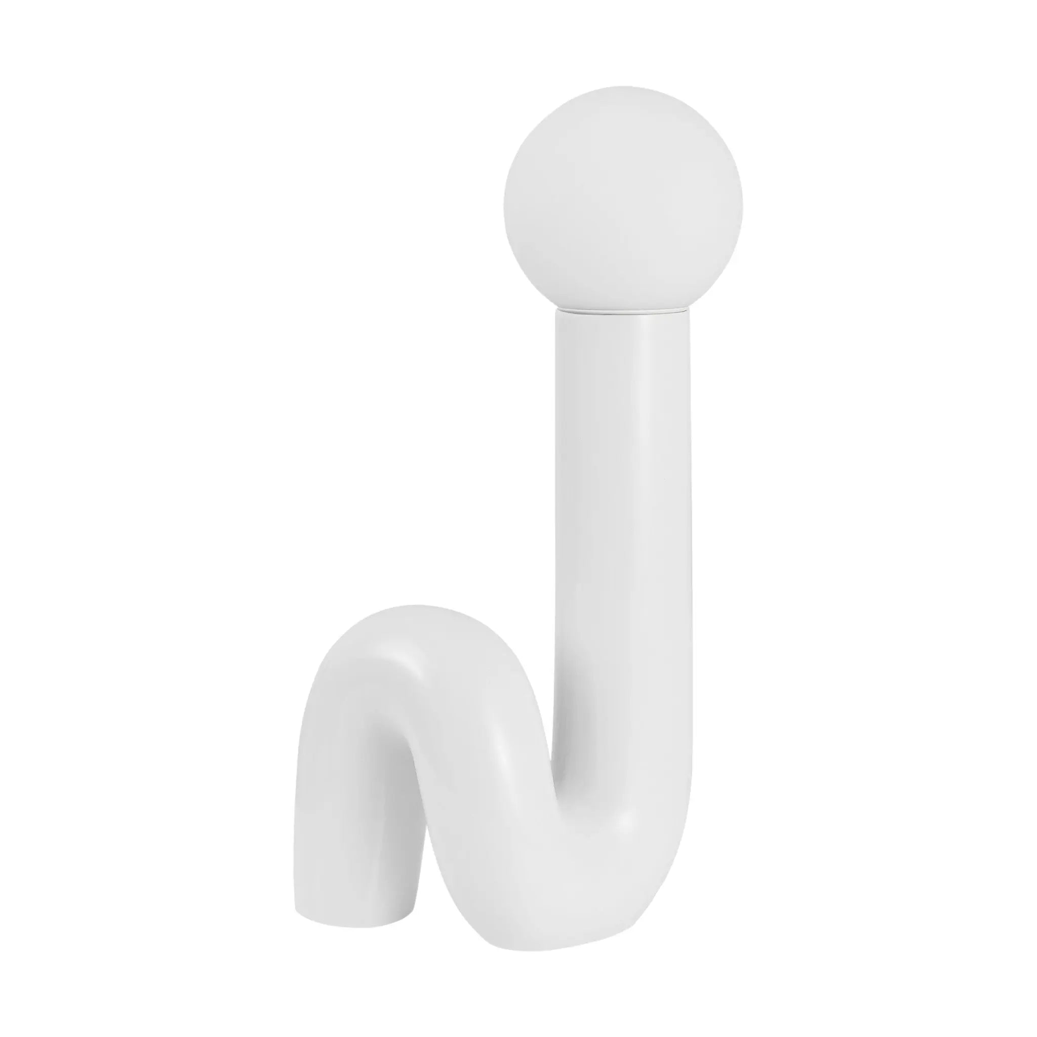 Modern white ceramic lamp with a wavy design and a round frosted glass bulb. Ideal for contemporary decor.