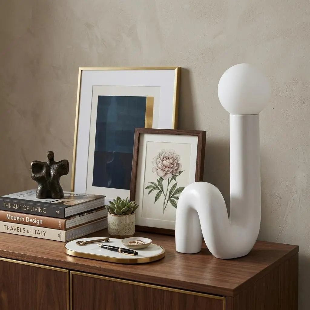 White curved ceramic table lamp with a frosted glass globe, paired with modern art prints and decorative books on a wooden sideboard.