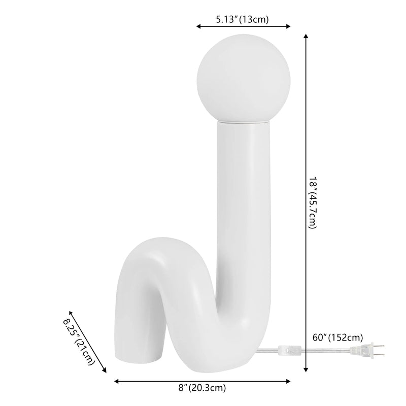 Modern white ceramic lamp with a unique curved design and a globe shade, standing 18 inches tall.