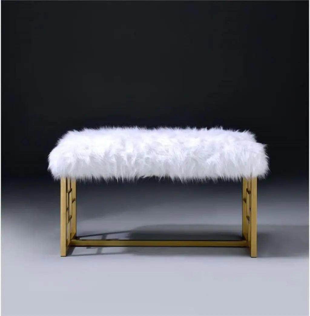 18" White and Gold Faux Fur And Metal Bench Homeroots Living Room