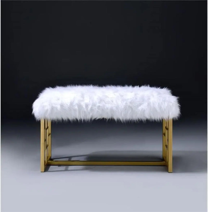 18" White and Gold Faux Fur And Metal Bench Homeroots Living Room