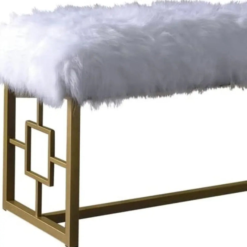 18" White and Gold Faux Fur And Metal Bench Homeroots Living Room