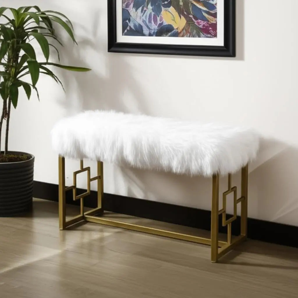 18" White and Gold Faux Fur And Metal Bench Homeroots Living Room