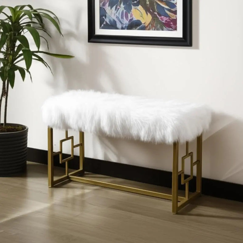 18" White and Gold Faux Fur And Metal Bench Homeroots Living Room