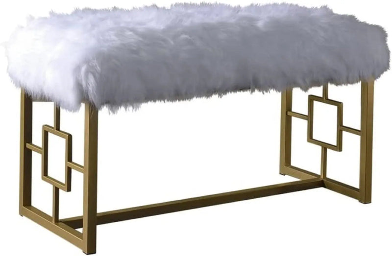 18" White and Gold Faux Fur And Metal Bench Homeroots Living Room