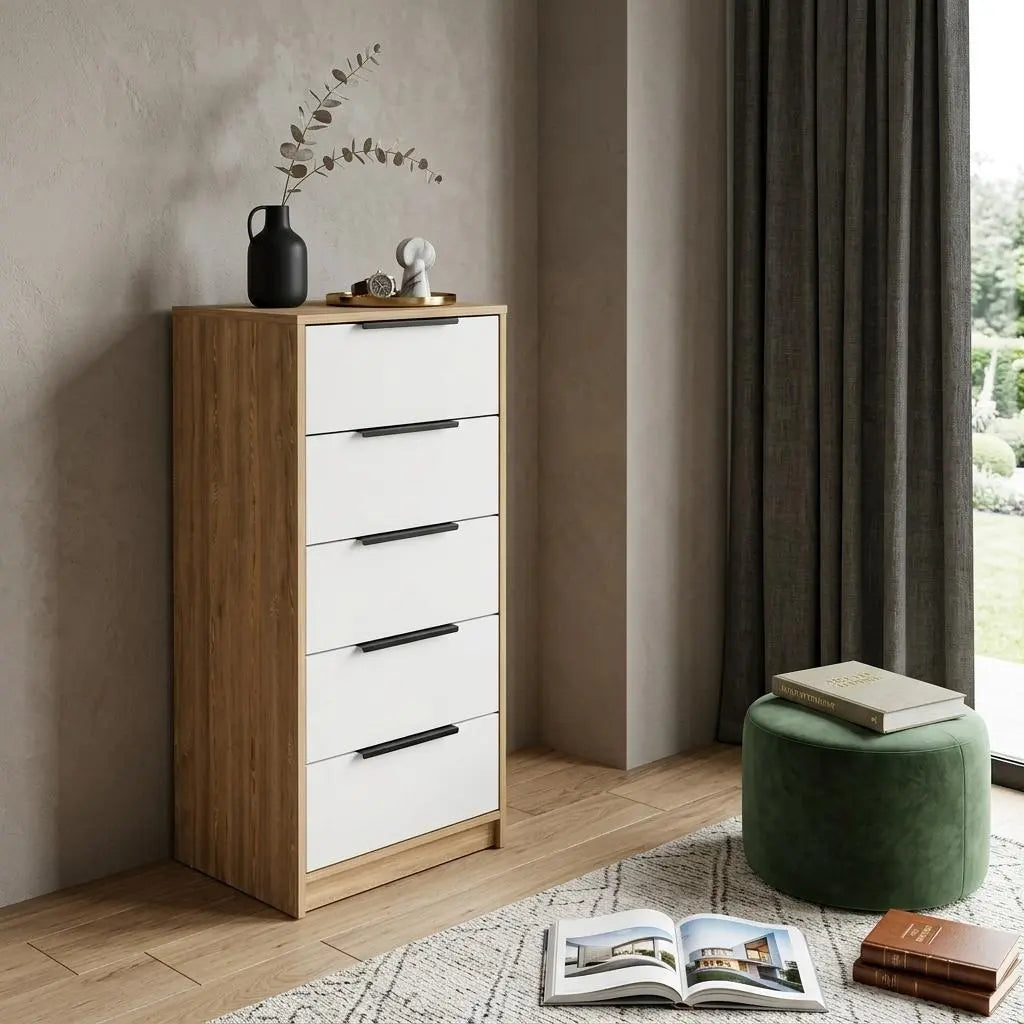 18" White and Natural Five Drawer Standard Chest Homeroots Bed & Bath