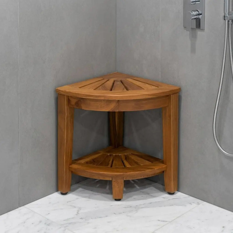 18" X 13" Brown Teak Corner Rectangular Shower Bench With Shelf Homeroots Bed & Bath