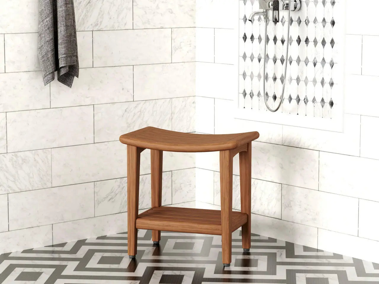 18" X 18" Brown Teak Rectangular Shower Bench With Shelf Homeroots Bed & Bath
