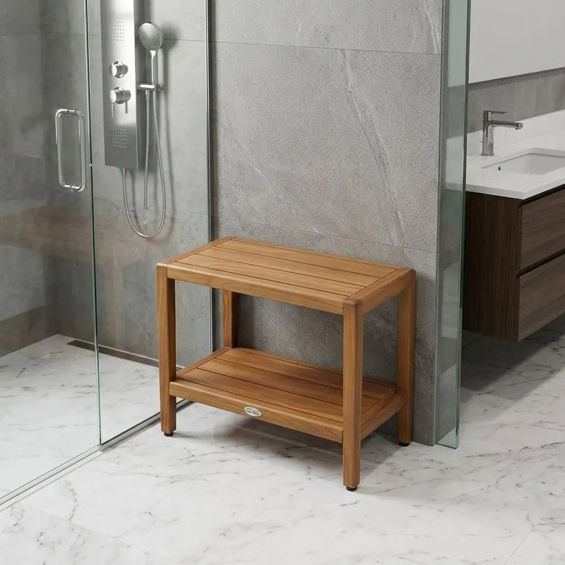 18" X 24" Brown Teak Rectangular Shower Bench With Shelf Homeroots Bed & Bath