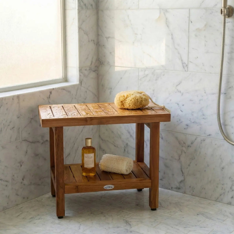 18" X 24" Brown Teak Rectangular Shower Bench With Shelf Homeroots Bed & Bath