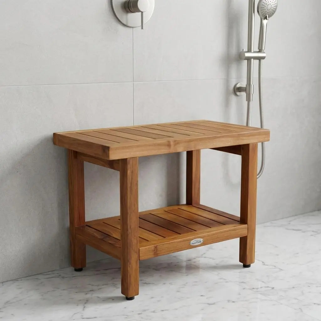 18" X 24" Brown Teak Rectangular Shower Bench With Shelf Homeroots Bed & Bath