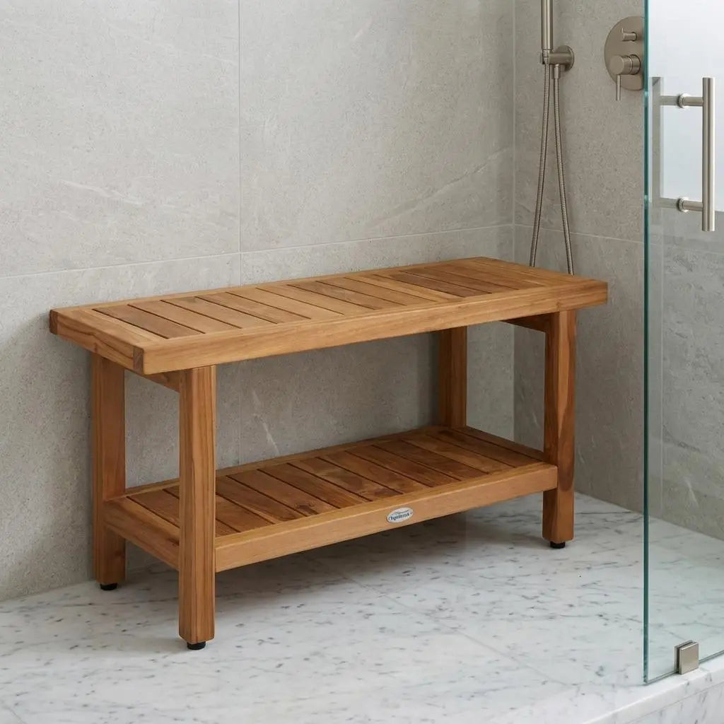 18" X 36" Brown Teak Rectangular Shower Bench With Shelf Homeroots Bed & Bath