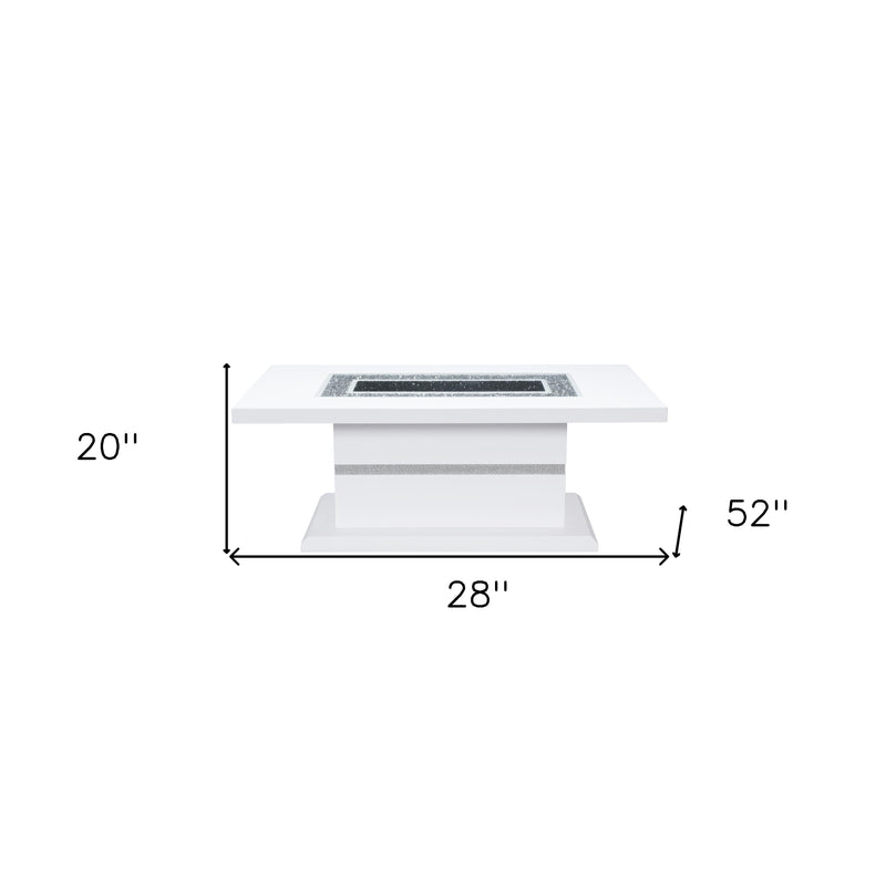 White pedestal coffee table dimensions: 52 in wide, 28 in deep, 20 in high