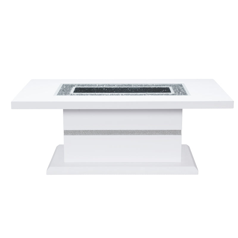 White pedestal coffee table with rectangular faux crystal inlay and lower shelf