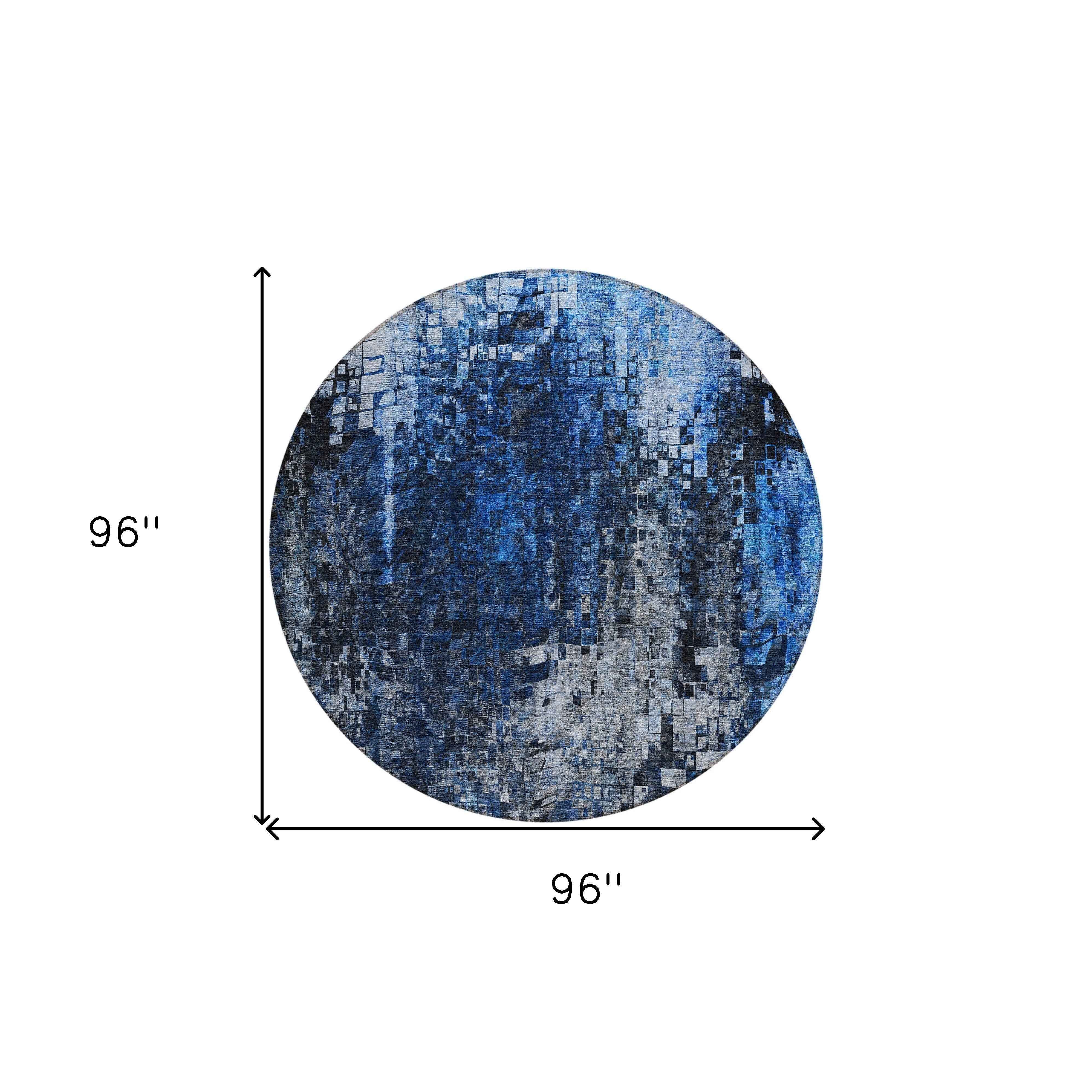 8' Navy Blue And Denim Blue Round Abstract Washable Indoor Outdoor Area Rug