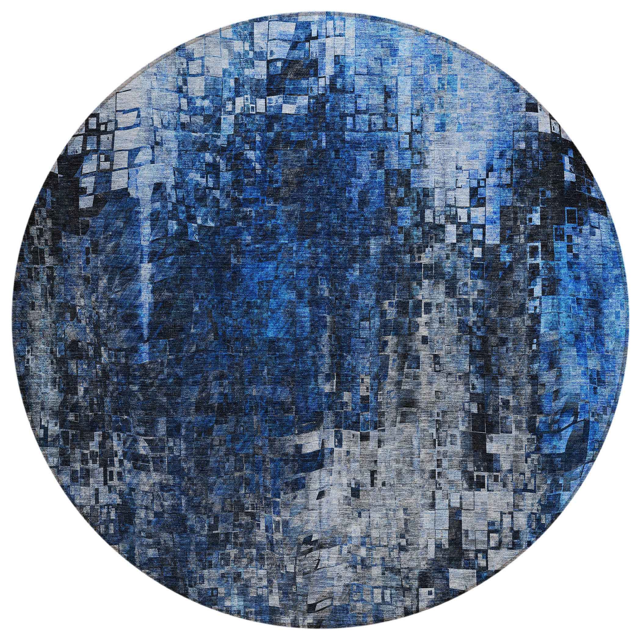 8' Navy Blue And Denim Blue Round Abstract Washable Indoor Outdoor Area Rug