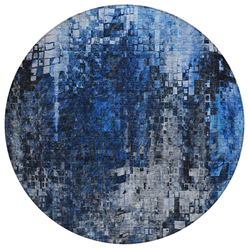 8' Navy Blue And Denim Blue Round Abstract Washable Indoor Outdoor Area Rug