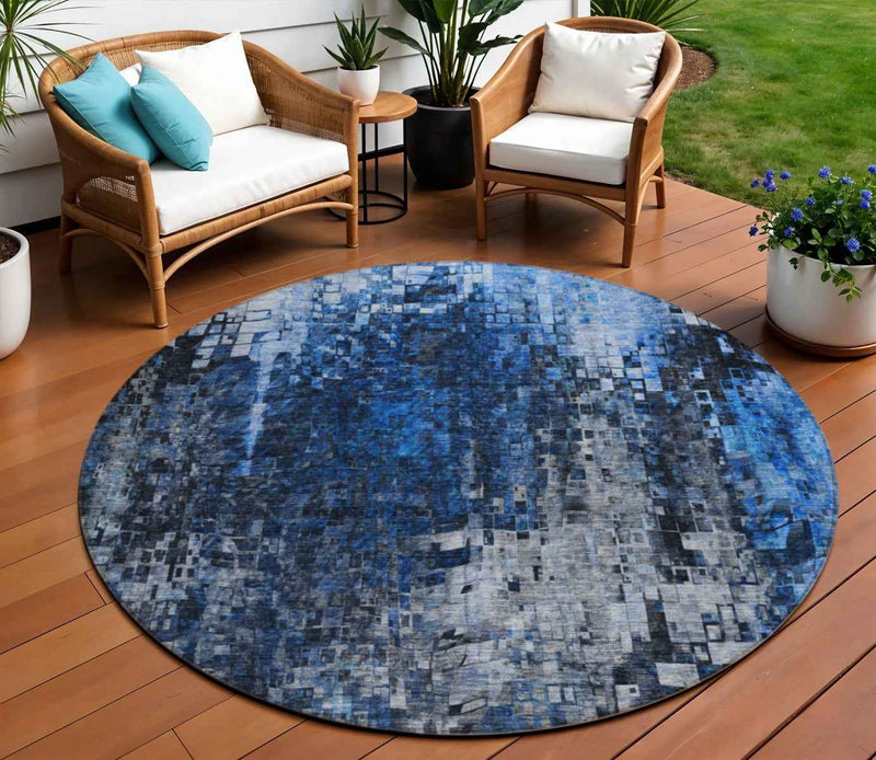 8' Navy Blue And Denim Blue Round Abstract Washable Indoor Outdoor Area Rug