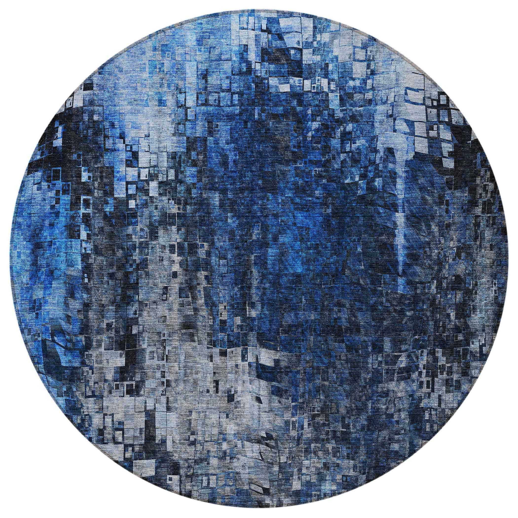 8' Navy Blue And Denim Blue Round Abstract Washable Indoor Outdoor Area Rug