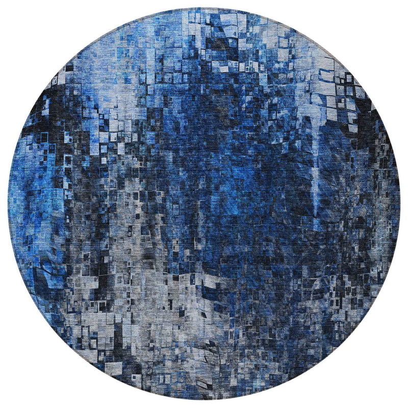 8' Navy Blue And Denim Blue Round Abstract Washable Indoor Outdoor Area Rug