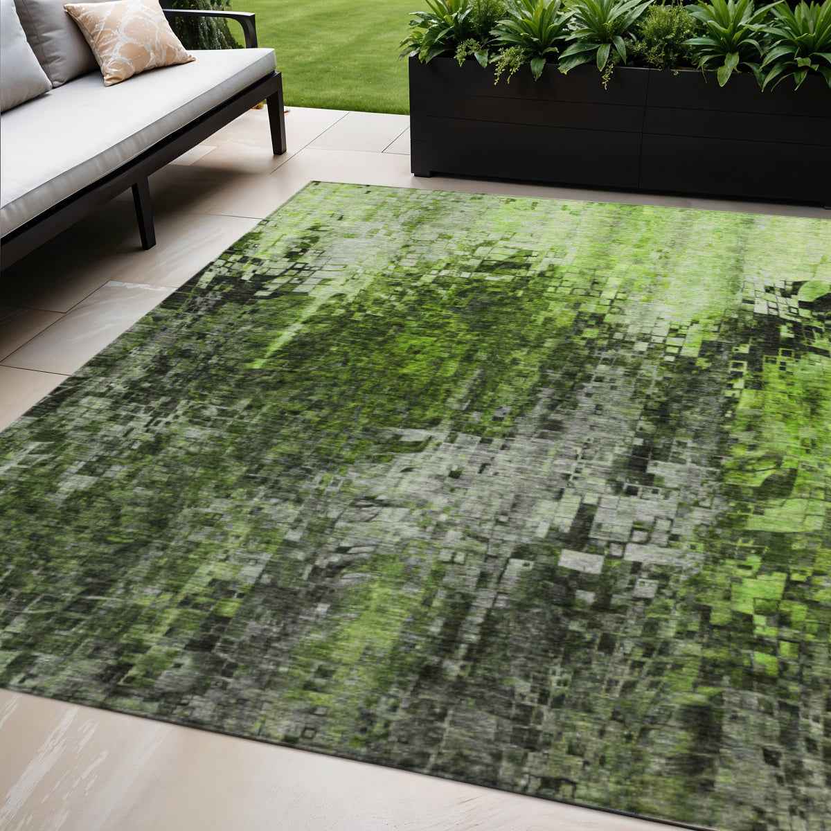 5' X 8' Green And Lime Green Abstract Washable Indoor Outdoor Area Rug