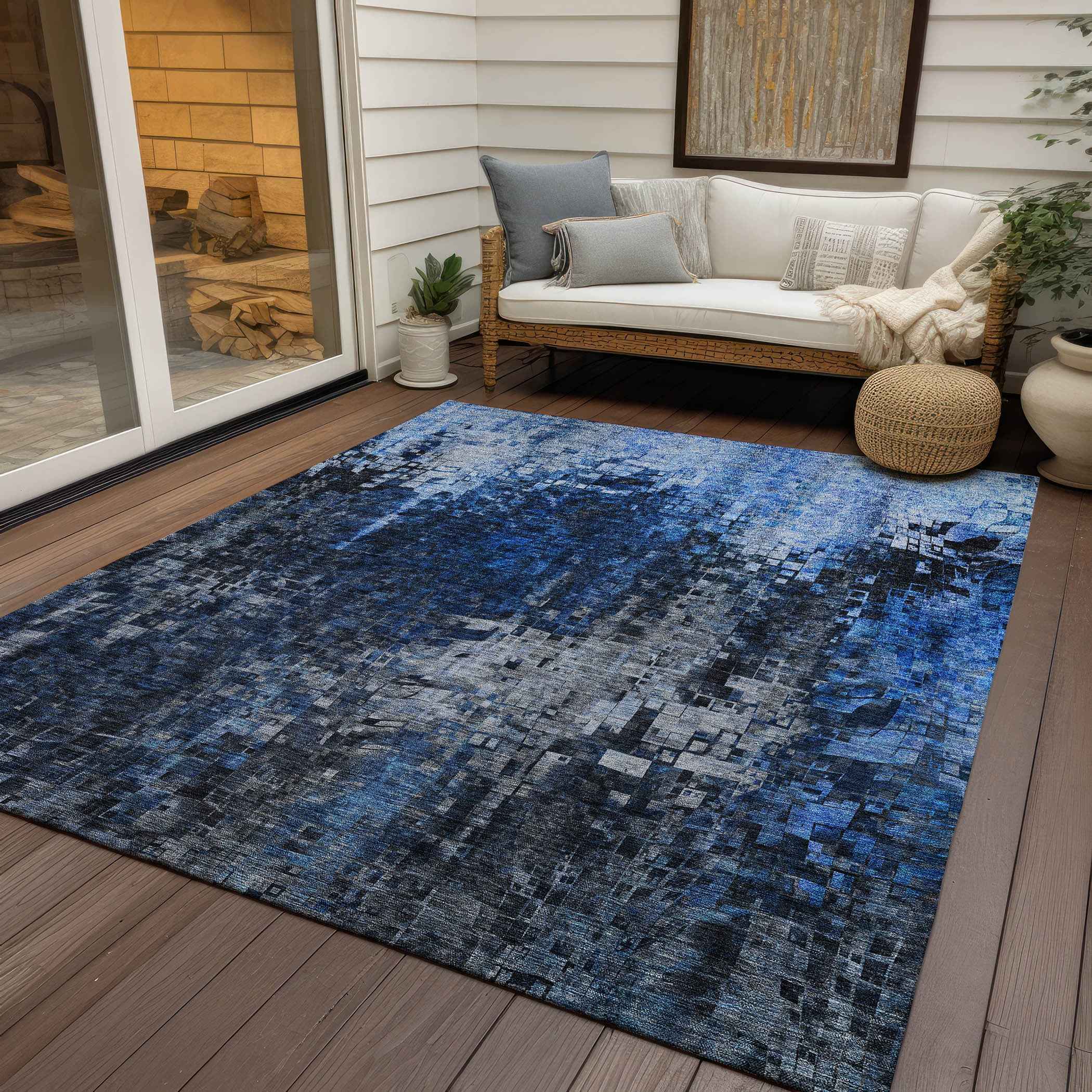 5' X 8' Navy Blue And Denim Blue Abstract Washable Indoor Outdoor Area Rug