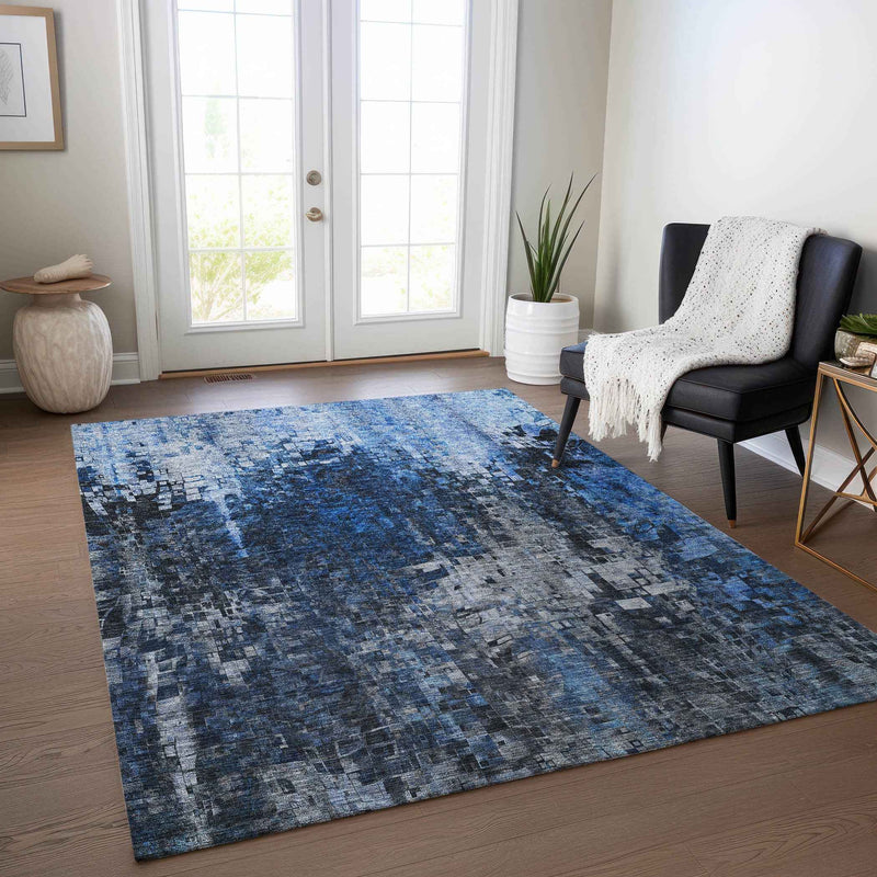 5' X 8' Navy Blue And Denim Blue Abstract Washable Indoor Outdoor Area Rug