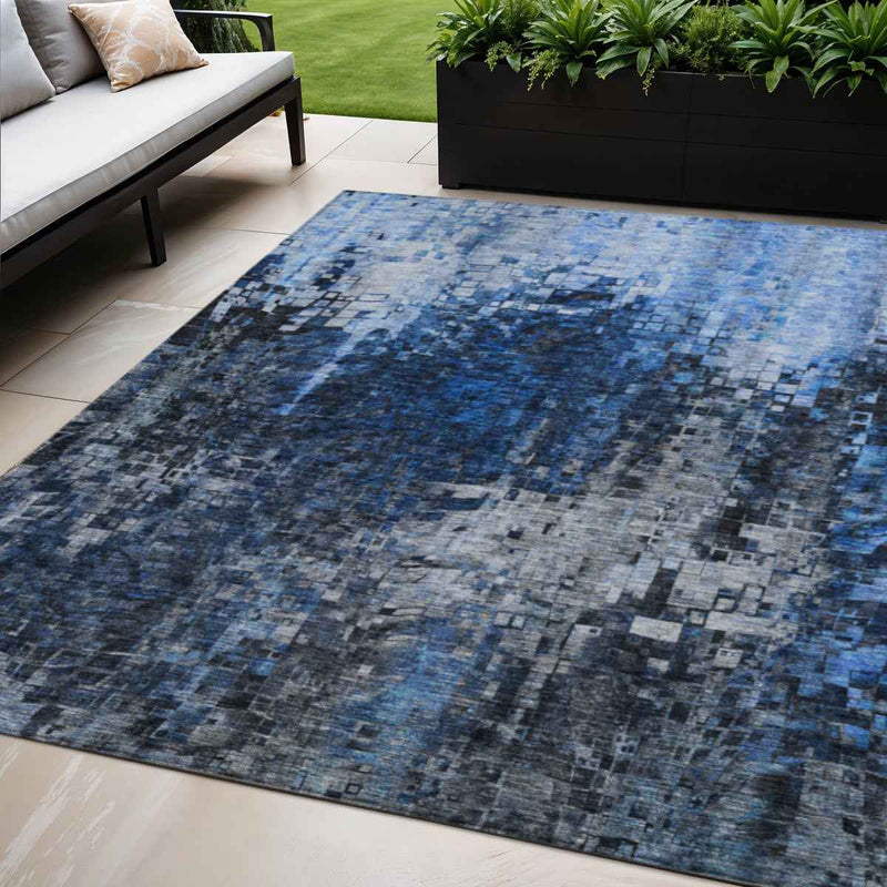 5' X 8' Navy Blue And Denim Blue Abstract Washable Indoor Outdoor Area Rug