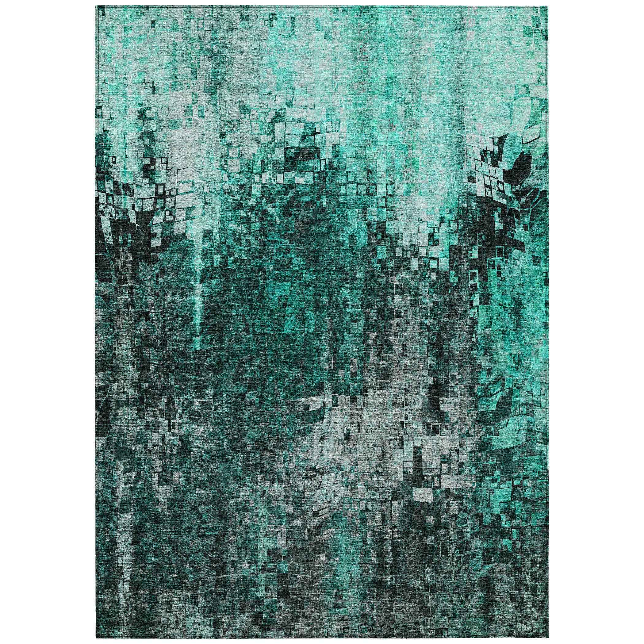 5' X 8' Teal Blue Aqua And Gray Abstract Washable Indoor Outdoor Area Rug