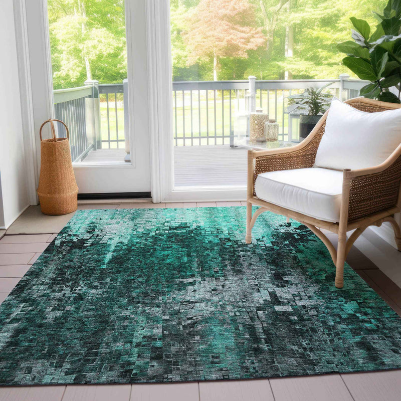 5' X 8' Teal Blue Aqua And Gray Abstract Washable Indoor Outdoor Area Rug