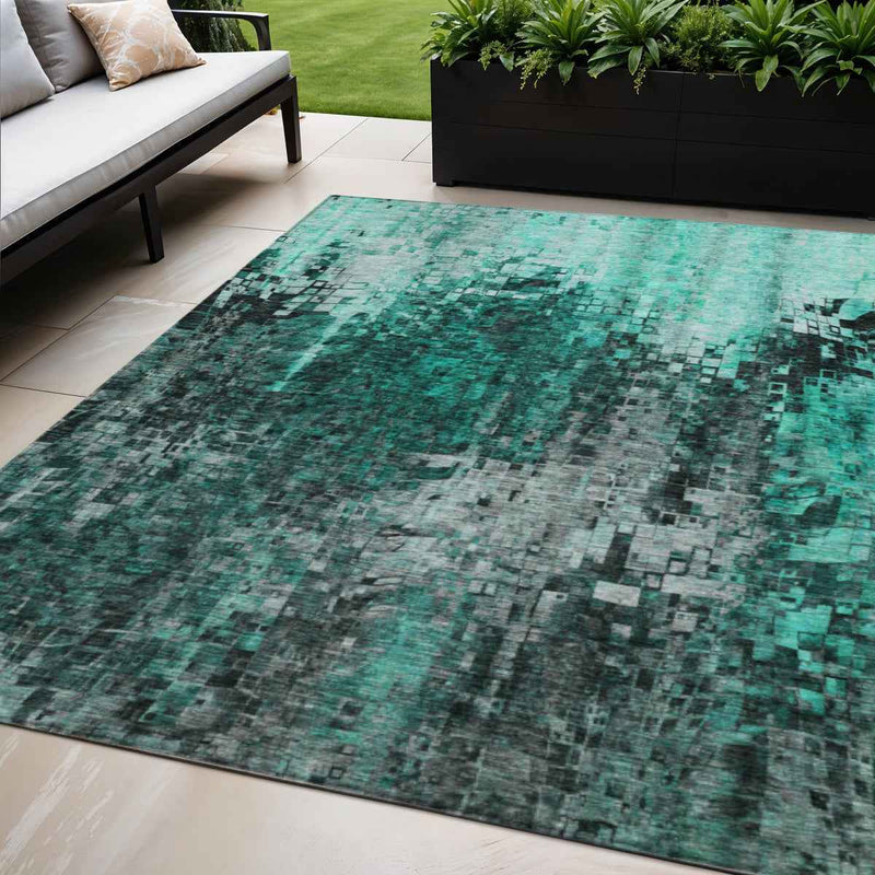 5' X 8' Teal Blue Aqua And Gray Abstract Washable Indoor Outdoor Area Rug
